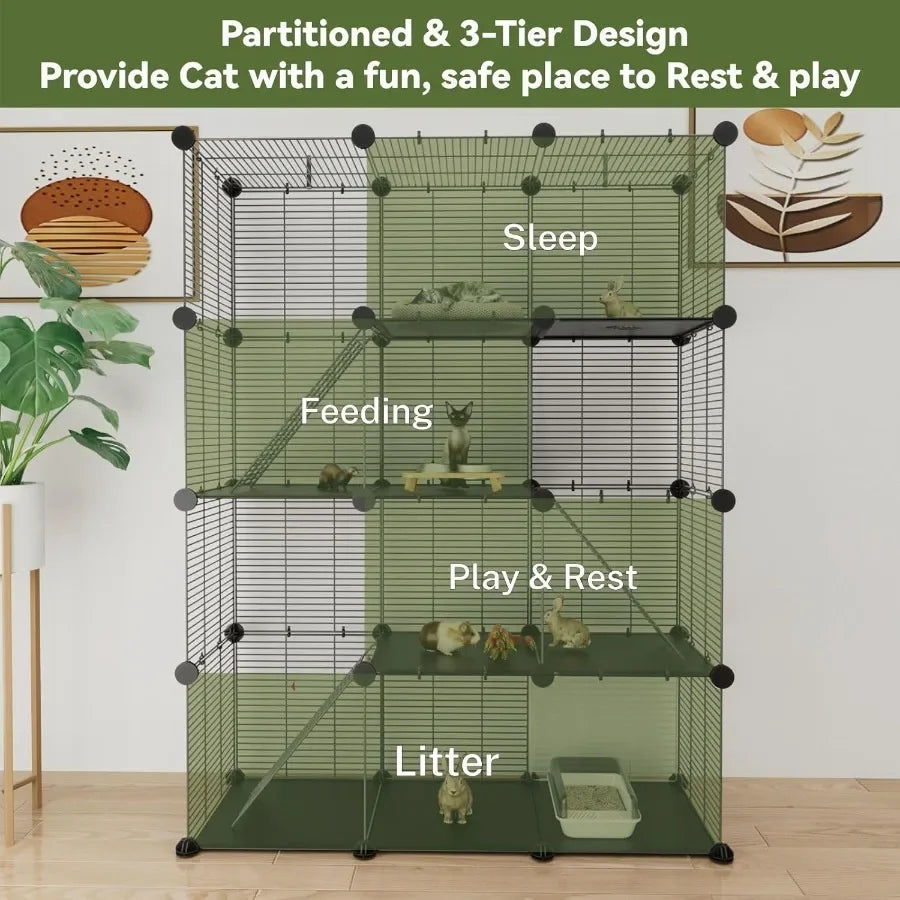 3 Tier Indoor Large Wire Cat Cage with DIY Playpen. Design for 12 Cats/Kittens, Guinea Pigs, Ferrets, Chinchillas and Rabbits Versa