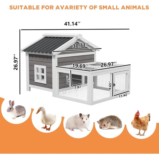 Small Rabbit Cage. Indoor Rabbit Hutch with Run, Wooden. 2-Zone Design. Waterproof Roof