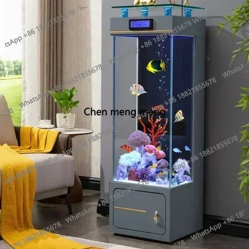 M07 Floor Fish Tank Aquarium. Ecological Wall Gold Crystal Super White Glass