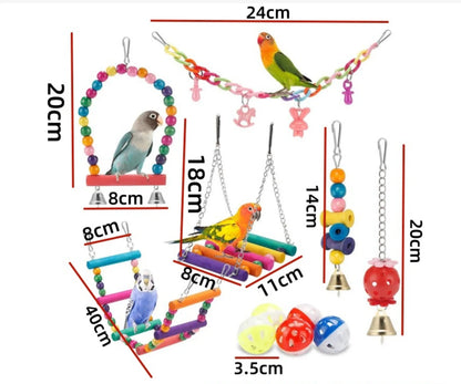 Bird Toys. 11pcs Parrot Set Bird Cage Accessories with Swing Ladder, Chewing Beads, Bell Toys. Interactive Toys with Wooden Beads