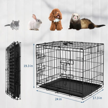 24/48 Inch Rabbit Cage, Portable, Folding Small Crate. Rabbit Carriers with Slide Out Tray & 2 Doors for Bunny, Ferret, Chinchilla & Rat
