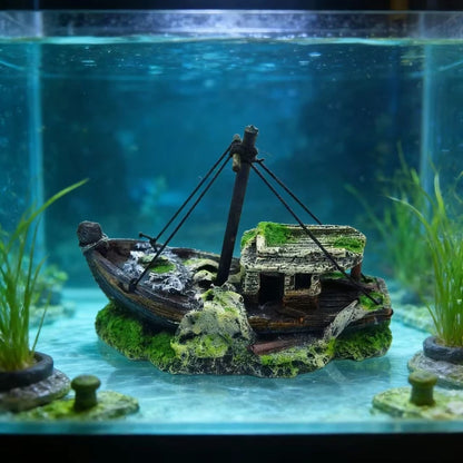Aquarium Fish Tank Landscape. Wreck Ship Decor, Resin Boat Ornament, Mini Retro Boat Statues