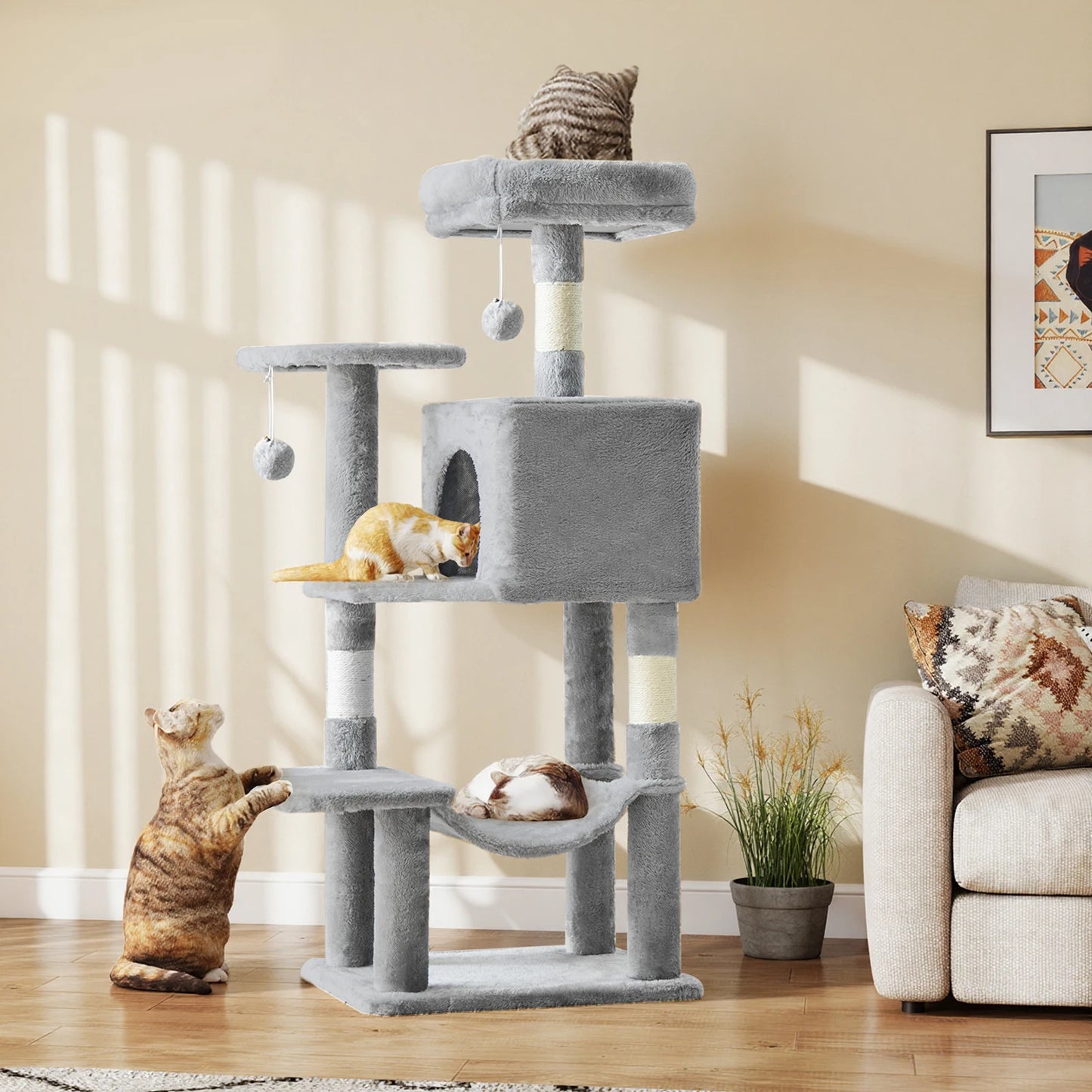 44In Cat Tree, Tall, Multi-Cat Climbing Tower. Natural Sisal Scratching Posts. Stable Pet House for Indoor Cats