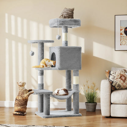 44In Cat Tree, Tall, Multi-Cat Climbing Tower. Natural Sisal Scratching Posts. Stable Pet House for Indoor Cats
