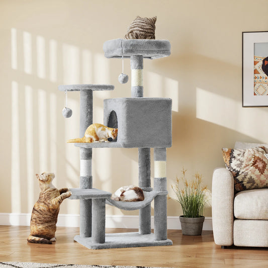 44In Cat Tree, Tall, Multi-Cat Climbing Tower. Natural Sisal Scratching Posts. Stable Pet House for Indoor Cats