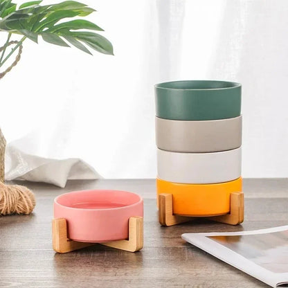 Ceramic Pet Bowl  With Wood Stand. No Spill Pet Double Bowl For Dogs & Cats Food & Water Feeder. Cats & Small Dogs