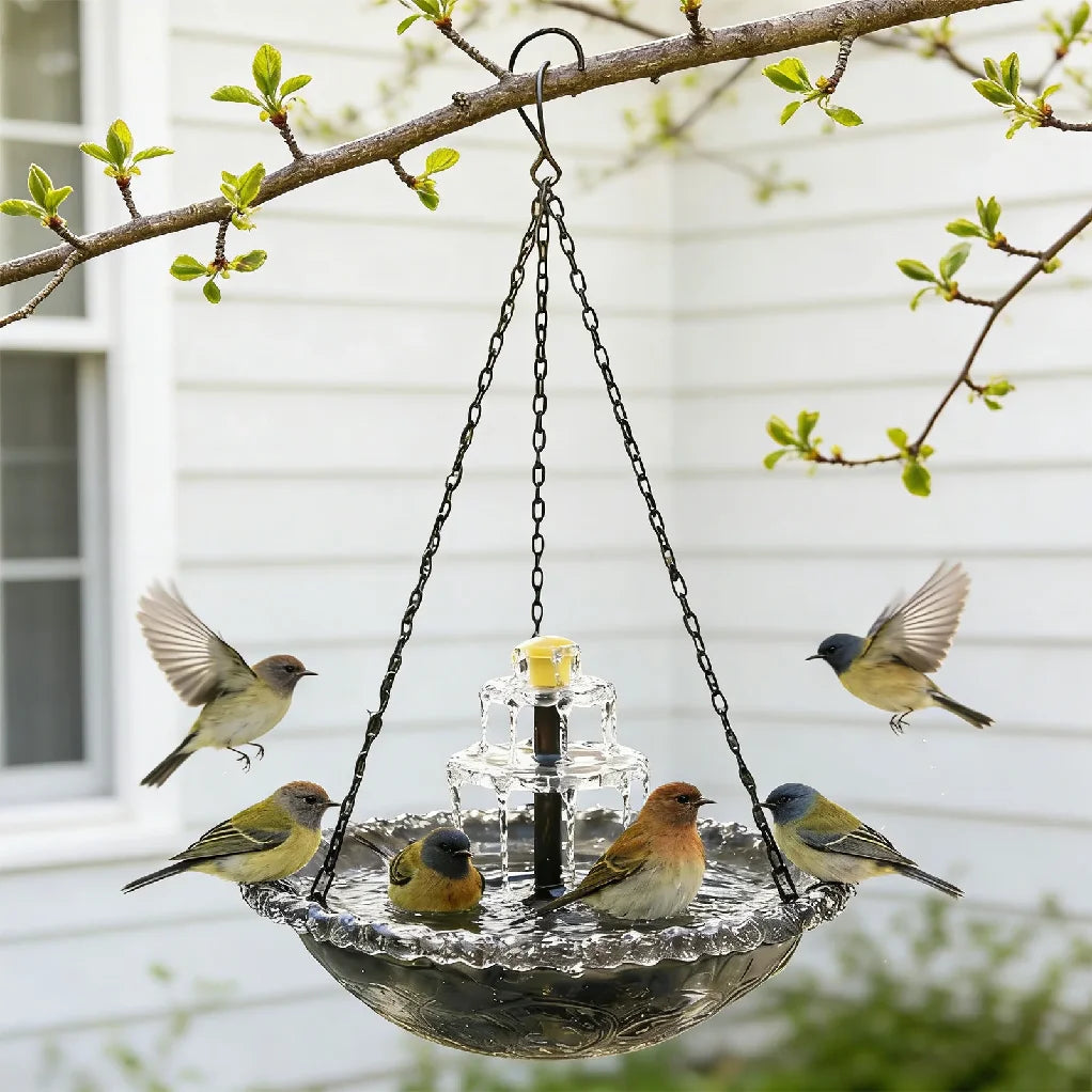 Bird Feeder. Hanging Bird Bath with Fountain. Outdoor Bird Drinking Tray with Hook for Garden Backyard. Wildlife Feeder