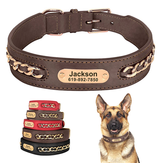 Custom Leather Dog Collar for Big Dogs. Genuine Leather ID Collar, Free Engraved Name For Small, Medium and Large Dogs. Metal Design