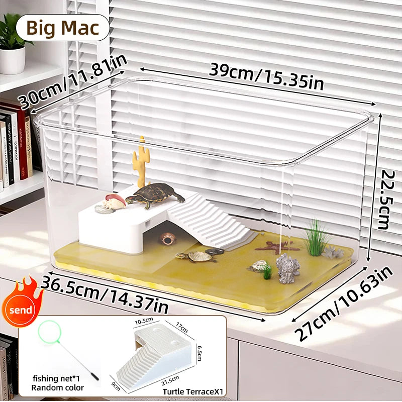 Transparent Reptile Terrarium Tank with Basking Area for Pet Turtles, Hermit Crabs, Tortoise - Turtle Adoption Habitat